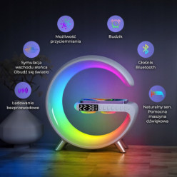 Lampka LED bezprzewodowa ładowarka głośnik Bluetooth zegarek radio