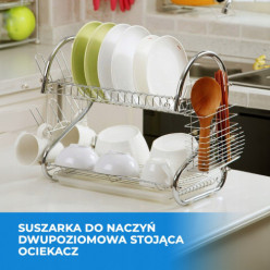 Suszarka do naczyń dwupoziomowa stojąca srebrna + akcesoria