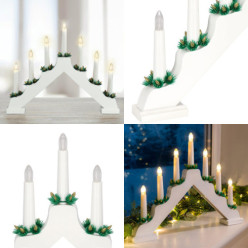 Dřevěná LED adventní držák svíček bílá 7 svíčky 29cm