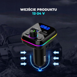 Transmiter bluetooth samochodowy FM 2x USB RGB