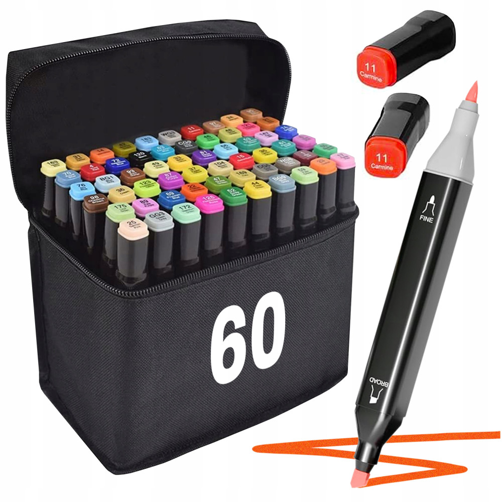 Markery alkoholowe dwustronne zestaw 60 szt + torba