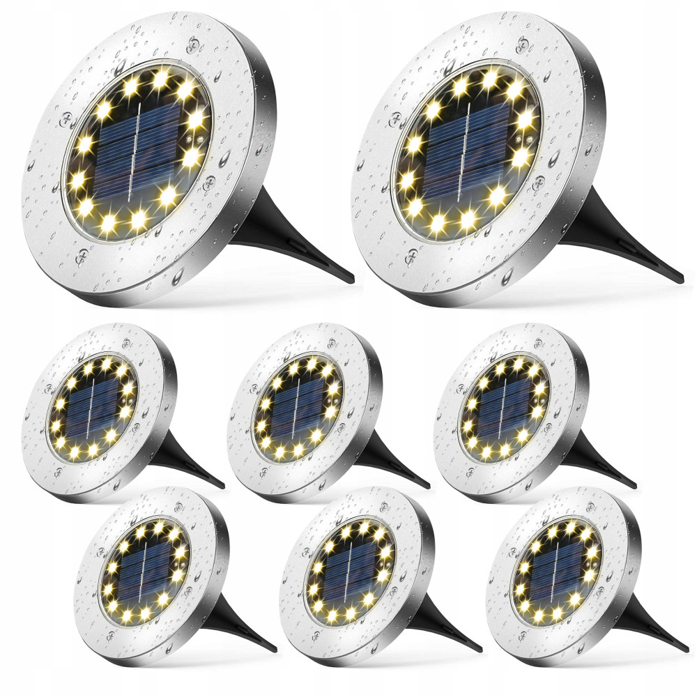 Lampa solarna ogrodowa LED 8szt dyski gruntowe czujnik zmierzchu