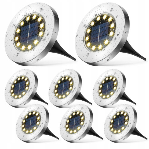 Lampa solarna ogrodowa LED 8szt dyski gruntowe czujnik zmierzchu
