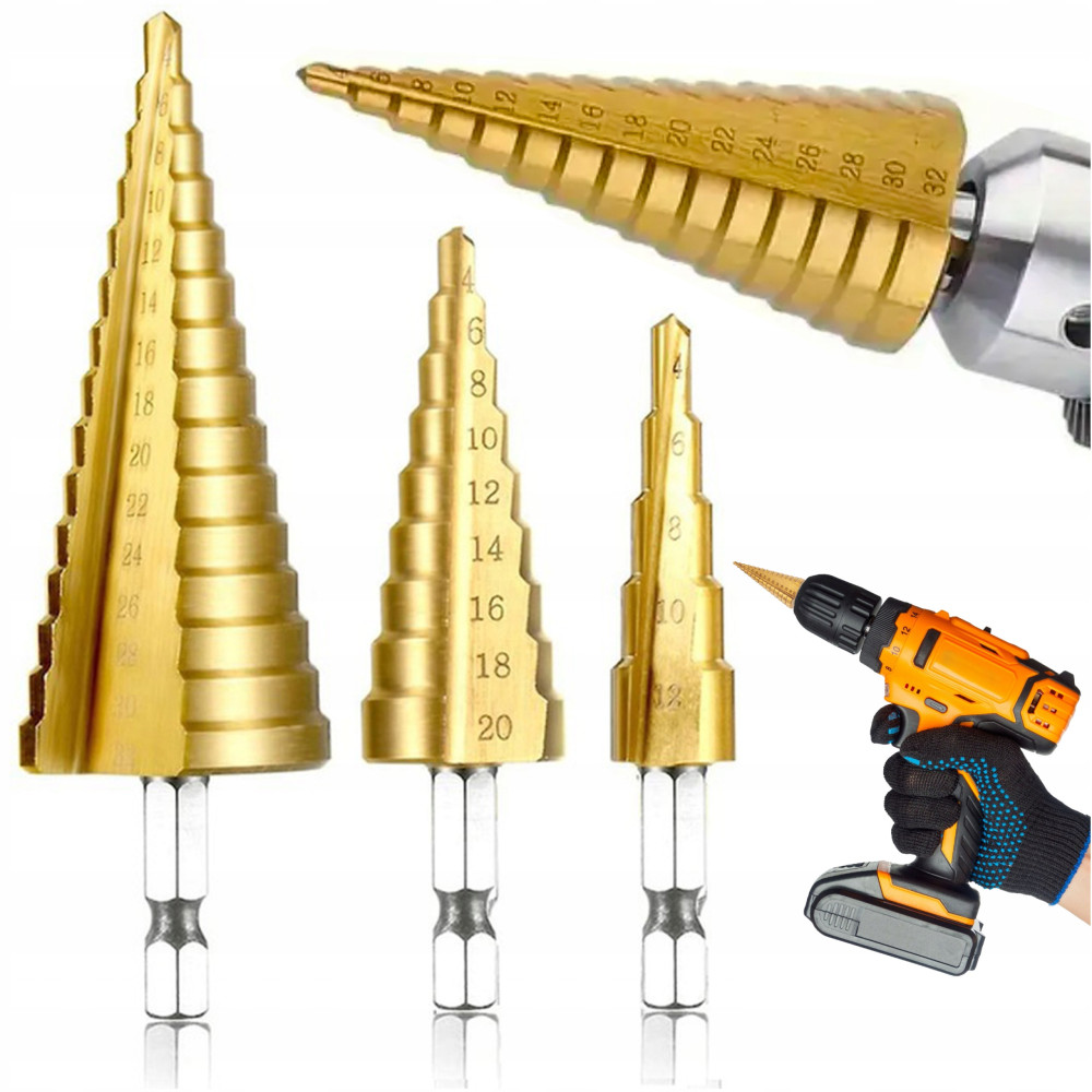 Zestaw 3 wierteł stożkowych stopniowych do metalu drewna blach plastiku 4-32 mm