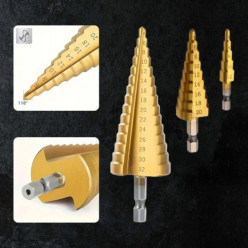 Zestaw 3 wierteł stożkowych stopniowych do metalu drewna blach plastiku 4-32 mm