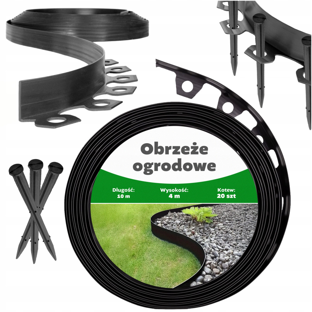 Obrzeże ogrodowe trawnikowe czarne plastikowe 10m 20 kołków zestaw