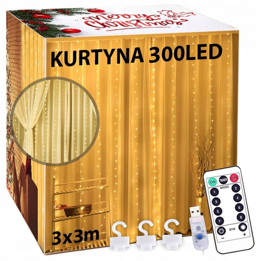 Kurtyna świetlna girlanda 3x3m 300 LED ciepła