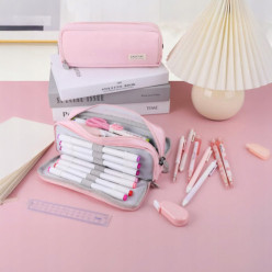Three compartment school pencil case pink