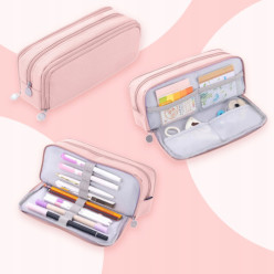 Piórnik szkolny trzykomorowy różowy