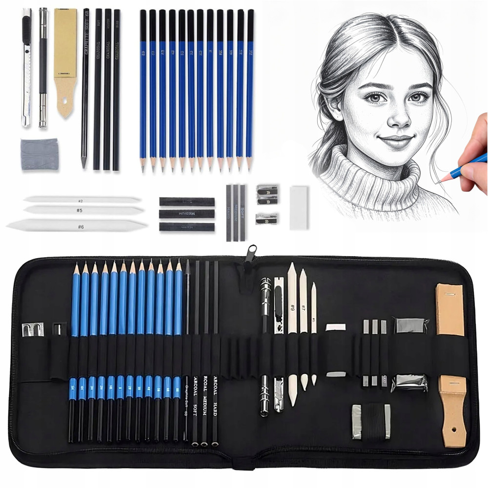 Zestaw do rysowania szkicowania 32w1 ołówki węgiel w etui