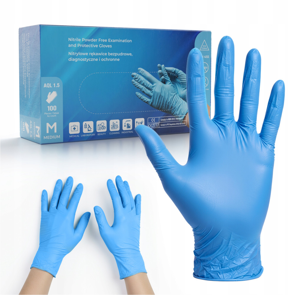Rękawiczki nitrylowe bezpudrowe 100 szt niebieskie rozmiar M rękawice