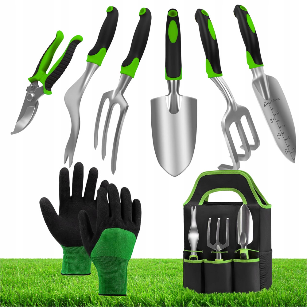 Zestaw narzędzi ogrodowych 8 el łopatka grabki widełki rękawice + organizer