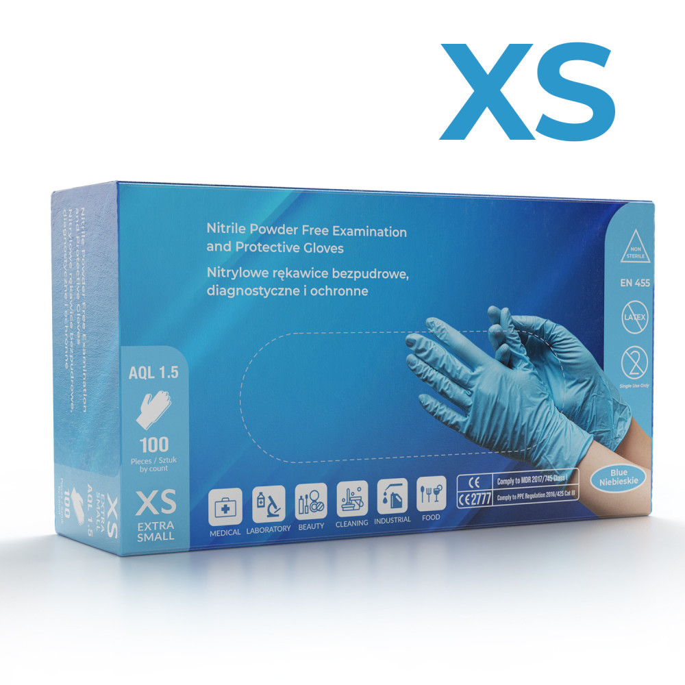 Rękawiczki nitrylowe bezpudrowe 100 szt niebieskie rozmiar XS rękawice mocne