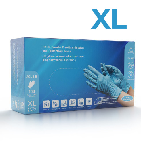 Rękawiczki nitrylowe 100szt niebieskie bezpudrowe rozmiar XL mocne rękawice