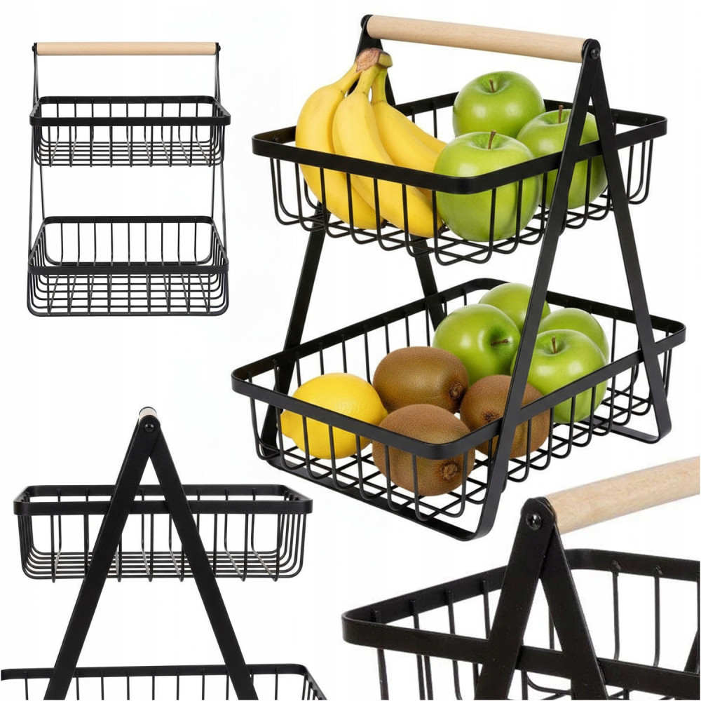 Koszyk na owoce warzywa dwupoziomowy piętrowy kosz metalowy czarny loft