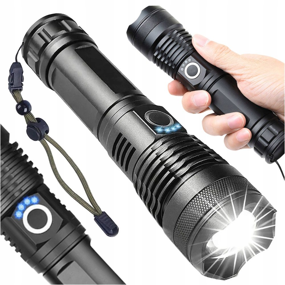 Mocna latarka taktyczna led akumulatorowa zoom survivalowa na prezent