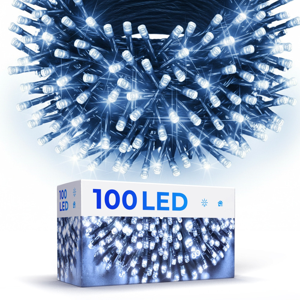 Lampki choinkowe świąteczne 100 LED biały zimny programator 8 trybów