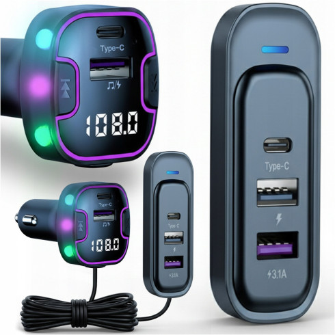 Bluetooth autó FM adó 3x USB-C típusú töltő adapter