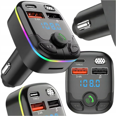 Transmiter samochodowy bluetooth ładowarka usb 2x USB USB-C głośnomówiący