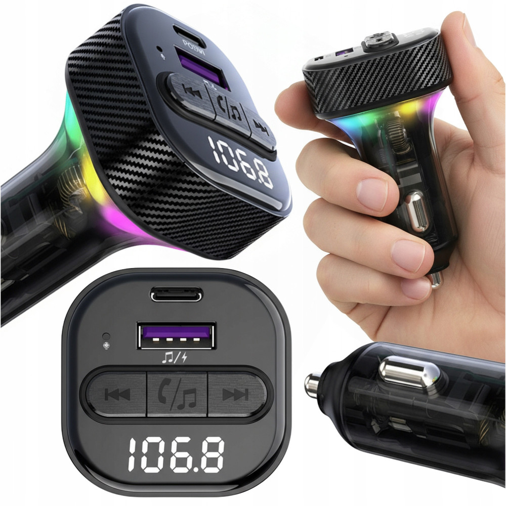 Transmiter fm bluetooth ładowarka samochodowa RGB mp3 USB-c 30w