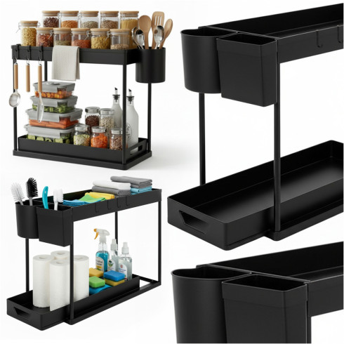 Under-sink organiser 2-tier black kitchen rack pull-out stand shelf