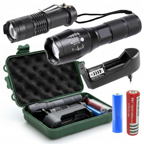 Zestaw 2x latarka taktyczna mocna LED tryb zoom akumulatorowa + walizka