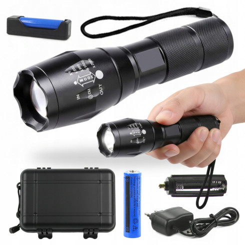 Latarka taktyczna mocna LED tryb zoom akumulatorowa + walizka