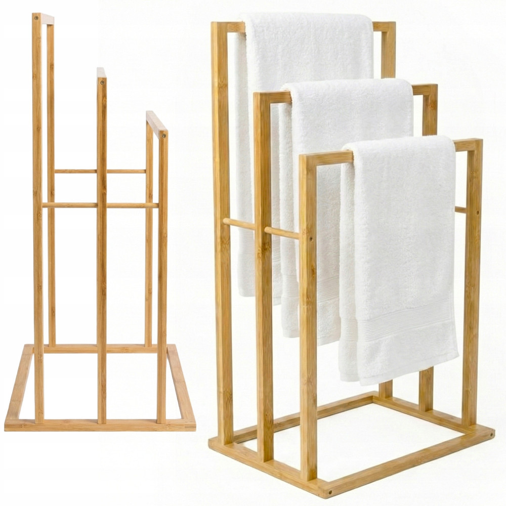 Stojak na ręczniki wieszak podłogowy łazienkowy bambusowy 3 ramienny