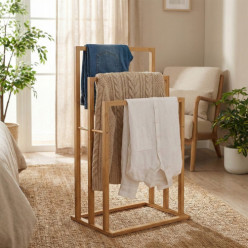 Stojak na ręczniki wieszak podłogowy łazienkowy bambusowy 3 ramienny