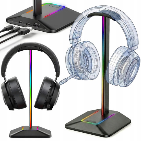 Stojak na słuchawki statyw gamingowy wieszak podświetlenie rgb led hub usb