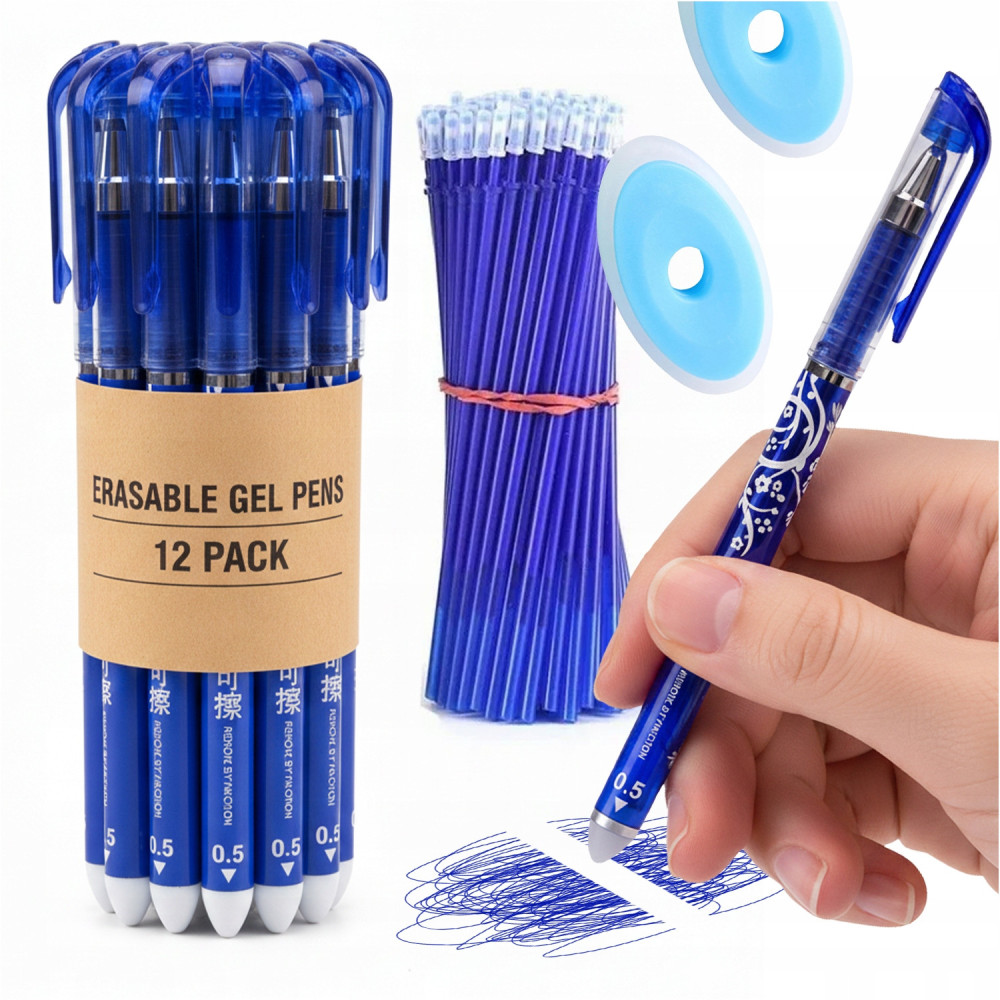 Długopis ścieralny zmazywalny z gumką magiczny 12szt + 20 wkładów + 2 gumki