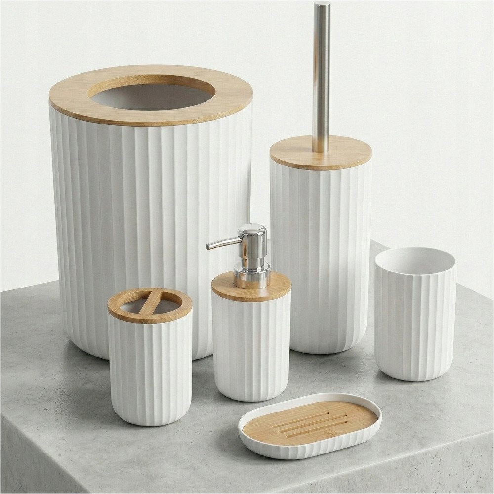 Zestaw łazienkowy 6 elementów kubek dozownik kosz szczotka do WC biały