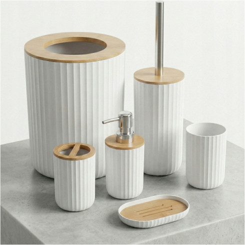 Zestaw łazienkowy 6 elementów kubek dozownik kosz szczotka do WC biały