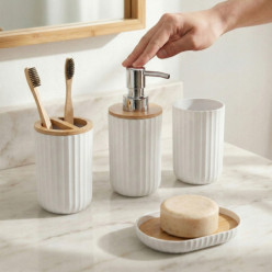 Zestaw łazienkowy 6 elementów kubek dozownik kosz szczotka do WC biały